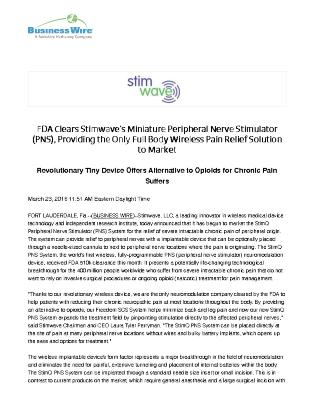 FDA Clears Stimwave’s Miniature Peripheral Nerve Stimulator (PNS), Providing the Only Full Body Wireless Pain Relief Solution to Market