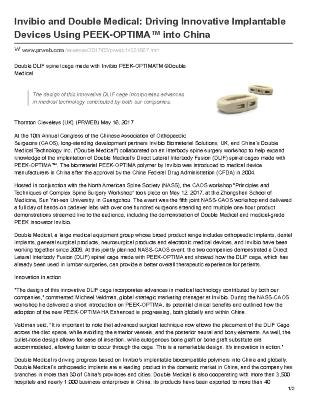 Invibio and Double Medical: Driving Innovative Implantable Devices Using PEEK-OPTIMA™ into China