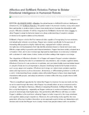 Affectiva and SoftBank Robotics Partner to Bolster Emotional Intelligence in Humanoid Robots