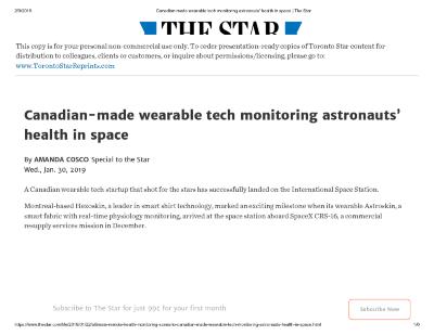 Canadian-made wearable tech monitoring astronauts’ health in space