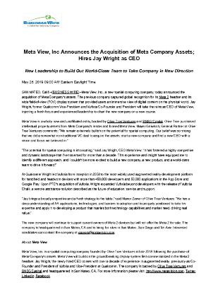 Meta View, Inc Announces the Acquisition of Meta Company Assets; Hires Jay Wright as CEO
