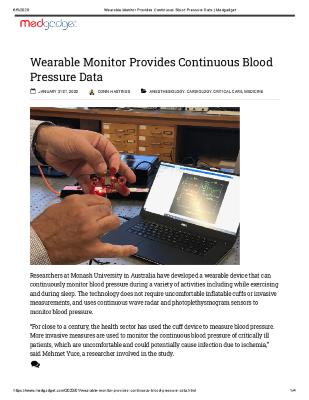 Wearable Monitor Provides Continuous Blood Pressure Data
