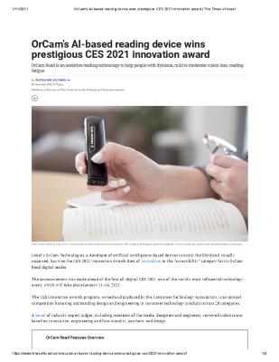 OrCam’s AI-based reading device wins prestigious CES 2021 innovation award