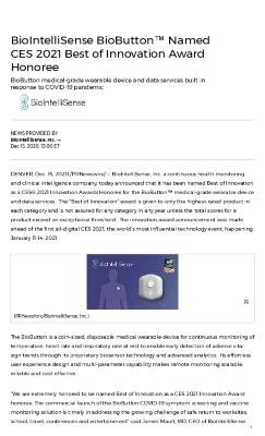 BioIntelliSense BioButton™ Named CES 2021 Best of Innovation Award Honoree