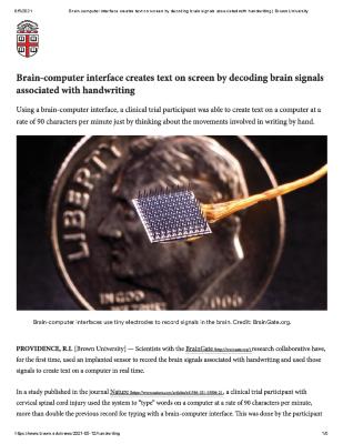 Brain-computer interface creates text on screen by decoding brain signals associated with handwriting