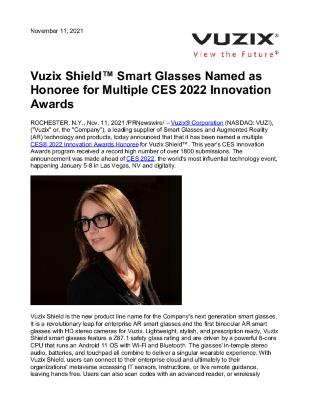 Vuzix Shield™ Smart Glasses Named as Honoree for Multiple CES 2022 Innovation Awards