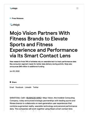 Mojo Vision Partners With Fitness Brands to Elevate Sports and Fitness Experience and Performance via Its Smart Contact Lens