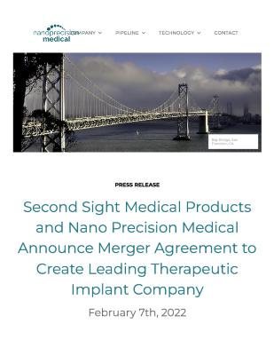 Second Sight Medical Products and Nano Precision Medical Announce Merger Agreement to Create Leading Therapeutic Implant Company